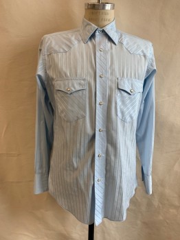 Mens, Western, WRANGLER, Lt Blue, Poly/Cotton, Stripes, Diamonds, M, C.A., Snap Front, L/S, 2 Pockets with 1 Snap, 3 Snap Cuffs