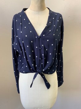 RAILS, Navy Blue, White, Rayon, Polka Dots, V-neck, Button Front, Cropped, Self Tie, Long Sleeves,