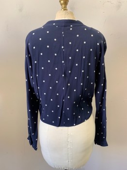 RAILS, Navy Blue, White, Rayon, Polka Dots, V-neck, Button Front, Cropped, Self Tie, Long Sleeves,