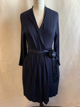 MIDNIGHT, Navy Blue, Modal, Spandex, Solid, Wrap Style, V-neck, Long Sleeves, Navy Satin Ties Attached on Left Waist, Ties Attached on the Inside of Right Waist, 1 Button on Left Side Waist, 2 Pockets
