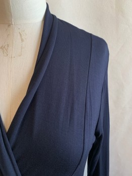 MIDNIGHT, Navy Blue, Modal, Spandex, Solid, Wrap Style, V-neck, Long Sleeves, Navy Satin Ties Attached on Left Waist, Ties Attached on the Inside of Right Waist, 1 Button on Left Side Waist, 2 Pockets