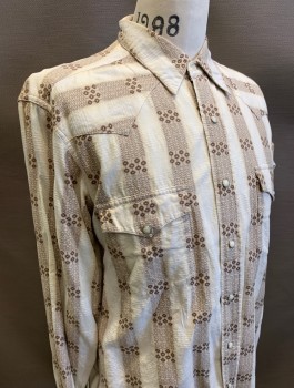 Mens, Western, LUCKY BRAND, Taupe, Off White, Brown, Cotton, Stripes - Vertical , Circles, M, Long Sleeves, Snap Front, Collar Attached, Western Style Pointed Yoke, 2 Pockets with Pointed Flaps