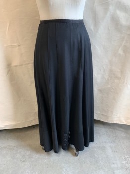 Womens, Skirt 1890s-1910s, NL, Black, Synthetic, W: 32, Grosgrain Waistband, Vertical Seams, Faux Fabric Buttons at Lower Center Front, Hook & Eye Back, Added Panel at Back Closure, Floor Length Hem