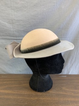 Womens, Hat, ADOLFO II, Beige, Gray, Wool, Color Blocking, OS, Round Crown, Gray Velvet Ribbon at Waist, Brimless Back, Large Bow on Back, Thin Elastic Chin Strap