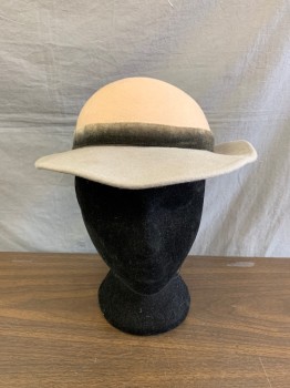 Womens, Hat, ADOLFO II, Beige, Gray, Wool, Color Blocking, OS, Round Crown, Gray Velvet Ribbon at Waist, Brimless Back, Large Bow on Back, Thin Elastic Chin Strap