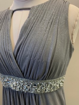 Womens, Evening Gown, ONYX, Gray, Silver, Polyester, Solid, 10, Glitter Sparkle, Gathered Surplice, Strap Across Chest, Gathered at Waistband, Pearl/Sequin/Crystal Beaded Front Waistband, Floor Length Hem with Train