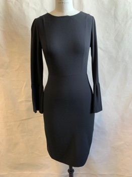 MASSIMO DUTTI, Black, Rayon, Solid, Crepe, Scoop Neck, Waist Seam, Long Sleeves, Gathered Bell Cuffs, Back Zip