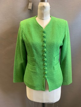 LOUIS FERAUD, Lime Green, Wool, Polyamide, Solid, Round Neck, 4 Faux Pockets, Buttons Closure,