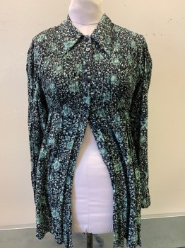 ULTRA PINK, Black, Sea Foam Green, Teal Blue, Rayon, Floral, L/S, C.A., 6 Buttons, Scrunched Chest & Waist, Open Front
