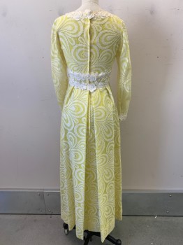 Womens, Evening Gown, Lillie Rubin, Yellow, Ivory White, Polyester, Cotton, Floral, W26, B32, L/S, V Neck, Embroiderred Flower Trim, Back Zipper, Pleated Skirt, with Side Pockets