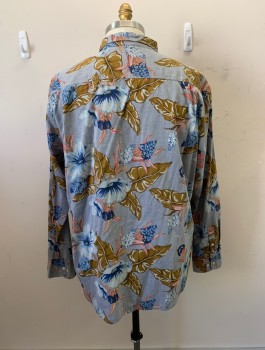 TOMMY BAHAMAS, Gray, Multi-color, Cotton, Floral, Hawaiian Print, C.A., Button Front, L/S, 1 Pocket, Blue and Pink Floral Print with Green Leaves