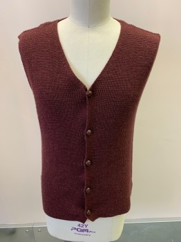 Mens, Sweater Vest, PEREGRINE, Brick Red, Wool, L, Knit, V-N, Single Breasted, Button Front