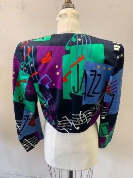 Womens, Evening Jacket, LOUIS FERAUD, Aubergine Purple, Green, Multi-color, Cotton, Viscose, Novelty Pattern, B36, Square, Open Front, Cropped, Crew Neck, Music Themed Print