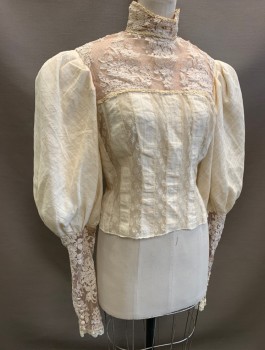 Womens, Blouse 1890s-1910s, N/L MTO, Cream, Cotton, B:35, Leg O'Mutton Sleeves, Sheer Net Shoulders and Band Collar with Antique Lace, Vertical Stripes of Lace Net at Front, Buttons in Back, Slim Lace Cuffs with Many Buttons, Made To Order