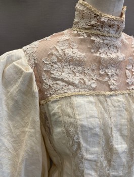 Womens, Blouse 1890s-1910s, N/L MTO, Cream, Cotton, B:35, Leg O'Mutton Sleeves, Sheer Net Shoulders and Band Collar with Antique Lace, Vertical Stripes of Lace Net at Front, Buttons in Back, Slim Lace Cuffs with Many Buttons, Made To Order