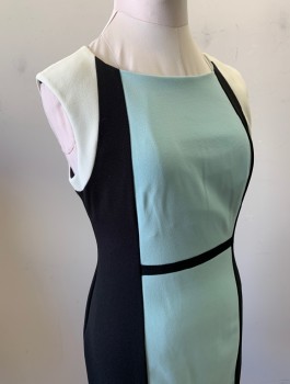 CONNECTED APPAREL, Black, Lt Blue, White, Polyester, Spandex, Color Blocking, Stretch Crepe, Sides and Back are Black, with Light Blue Rectangular Panels at Center, White Around Shoulders/Armholes, Fitted, 1" Wide Black Strip at Waist, Knee Length, Invisible Zipper in Back