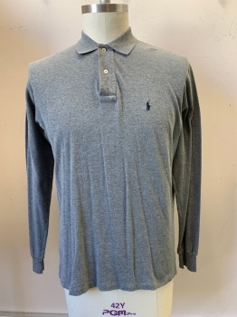 POLO, Gray, Cotton, Heathered, L/S, 2 Buttons, Collar Attached