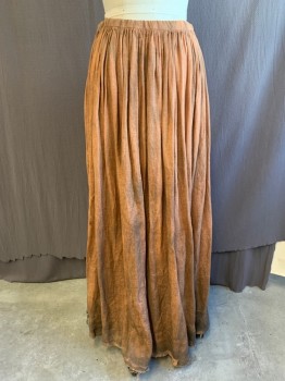 MTO, Peach Orange, Cotton, Solid, 1600s Gathered Skirt with Drawstring, Very Dirty Aged, Ragged Hem