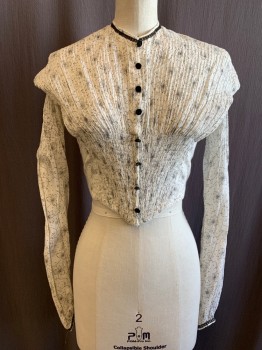 Womens, Historical Fiction Bodice, N/L MTO, White, Black, Cotton, Floral, W:24, B:32, 1850's Made To Order, Gauze, Finely Pintucked Shoulders, L/S, Smocking at Front Waist, Small Black Buttons at Front with Hidden Hook & Eyes, Round Neck, Black Lace Trim, Multiples