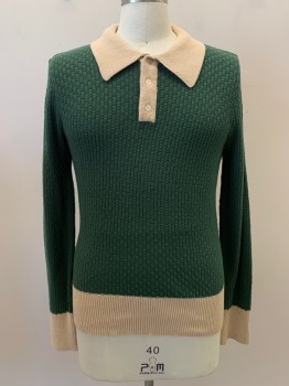 COLLECTIF, Green, Beige, Cotton, Color Blocking, L/S, C.A., 3 Buttons, Knit