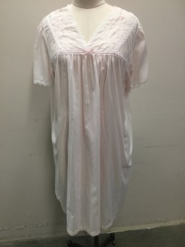 Womens, Nightgown, JUST FOR WOMEN, Lt Pink, White, Mint Green, Polyester, Nylon, Solid, XL, Light Pink, Diamond Eye Let with Pink/mint Flower/leaves Embroidery Along V-neck W/white Lace Trim & Light Pink Ribbon Lacing Work, Short Sleeves, with Matching White Lace Trim