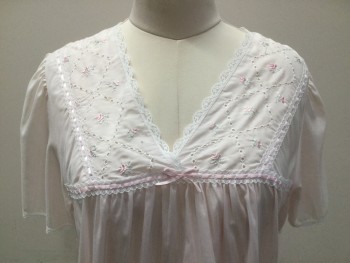 Womens, Nightgown, JUST FOR WOMEN, Lt Pink, White, Mint Green, Polyester, Nylon, Solid, XL, Light Pink, Diamond Eye Let with Pink/mint Flower/leaves Embroidery Along V-neck W/white Lace Trim & Light Pink Ribbon Lacing Work, Short Sleeves, with Matching White Lace Trim