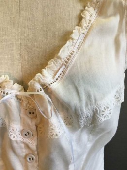 Womens, Camisole 1890s-1910s, FOX6, White, Cotton, Solid, W27, B32, Ruffled Trim Drawstring Scoop Neck, Covered Button Front. Eyelet Lace Trim. Sleeveless,