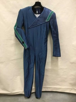 Mens, Jumpsuit, MTO, Navy Blue, Green, Silver, Spandex, Leather, Solid, 38R, Made To Order, Super Spandex One Piece with Pleated Metallic Navy Leather Left Sleeve and Shoulder with Green Spandex  Panel At Left Shoulder, Left Side Seam & Length Of Right Sleeve, Spacesuit, Astronaut, for Campy Crew-mate Fc045767