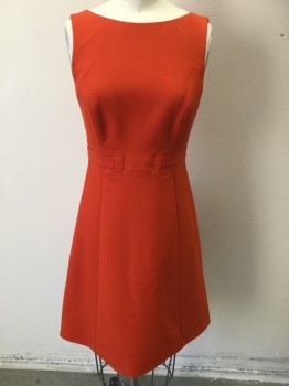KAREN MILLEN, Tomato Red, Polyester, Viscose, Solid, Tomato Red with Red Lining, Wide Neck, Sleeveless, Belt-like Seams at Waist Front & Back, Flair Bottom, Zip Back,