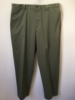 L. L. BEAN, Olive Green, Cotton, Solid, Olive, Flat Front, Zip Front,