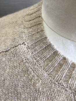 BROOKS BROTHERS, Beige, Wool, Solid, Knit, Long Sleeves, Crew Neck