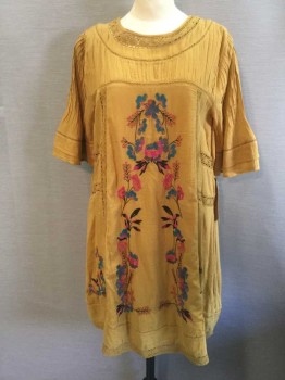 Free People, Mustard Yellow, Teal Blue, Fuchsia Pink, Black, Peach Orange, Cotton, Solid, Floral, Mustard Solid, Teal/Fuchsia/Black/Peach Floral Embroidery, Short Bell Sleeve, Crochet Lace Collar/ Inset Collar, Pintuck Yoke, Keyhole Back with Button, Pintuck Sleeve with Layered Hem/inset Lace Stripe, Lace Hem, Lace Inset Vertical and Horizontal Stripes