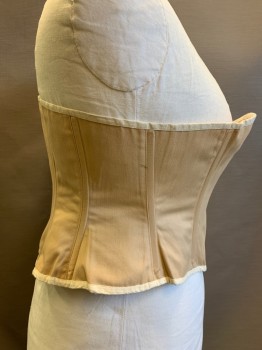 Womens, Corset 1890s-1910s, MTO, Lt Beige, Cream, Off White, Cotton, Solid, W36, B44, Lt Beige with Cream Trim, No Lacing, (Dirty Back Trim See Detail Photo)