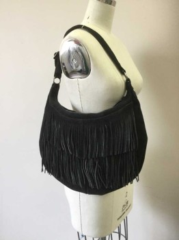 Womens, Purse, MINNITONCA, Black, Suede, Solid, Shoulder Bag, 2 Rows Of Fringe Front, Zip Close