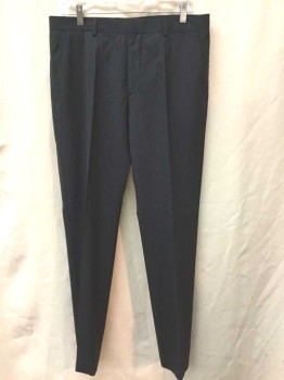 HUGO BOSS, Black, Gray, Wool, Stripes - Pin, Black with Gray Dashed/Specked Pinstripe, Flat Front, Zip Fly, 4 Pockets, Slim Leg