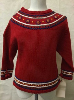 Childrens, Sweater, JACADI, Red, Navy Blue, Green, Cream, Yellow, Acrylic, Wool, Floral, Stripes, 4 Yr, Scallopped Trim, Crew Neck, Embroiderred Top Bottom & Sleeves, Self Ribbed