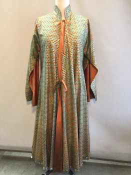 N/L, Sea Foam Green, Gold, Brown, Cotton, Silk, Abstract , Southeast Asian Inspired, L/S, Open Front with Self Ties, Stand Collar, Orange Silk Lining, Floor Length with 3 Vents From Hem to Waist