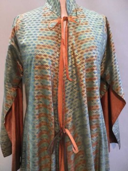 Unisex, Sci-Fi/Fantasy Robe, N/L, Sea Foam Green, Gold, Brown, Cotton, Silk, Abstract , O/S, Southeast Asian Inspired, L/S, Open Front with Self Ties, Stand Collar, Orange Silk Lining, Floor Length with 3 Vents From Hem to Waist