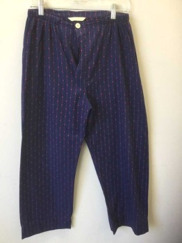 Mens, Sleepwear PJ Bottom, DEREK ROSE, Navy Blue, Red, Cotton, Stripes - Vertical , Dots, M, Navy with Red Vertical Stripes with Square Dotted Accents, Elastic Waist, 1 Button Fly, **Barcode is on Inside of Fly