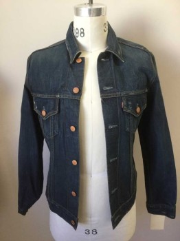 Mens, Jean Jacket, LEVI'S, Dk Blue, Cotton, Solid, S, Button Front, Collar Attached, 2 Pockets, Lightly Aged Pockets