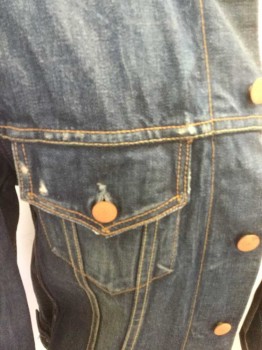 Mens, Jean Jacket, LEVI'S, Dk Blue, Cotton, Solid, S, Button Front, Collar Attached, 2 Pockets, Lightly Aged Pockets