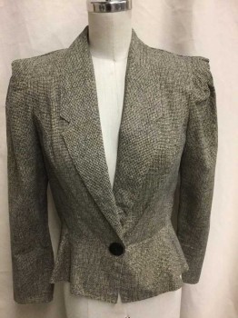 Womens, 1970s Vintage, Suit, Jacket, BYER TOO!, Beige, Black, Cotton, Houndstooth, 7, Long Sleeves, 1 Back,  Peplum, Notched Shawl Collar, 1 1/2" Pleat at Shoulder