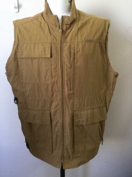 Mens, Wilderness Vest, OUTDOOR LIFE, Caramel Brown, Cotton, Nylon, Solid, XL, Outdoor/Hiking Wear, Zip Front, 6 Assorted Pockets, Stand Collar, Black D-Ring Accents