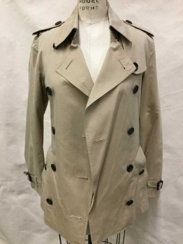 BURBERRY, Khaki Brown, Black, Gray, Red, Off White, Cotton, Solid, Plaid, Khaki, Khaki W/red, Black, Gray, Off White Plaid Lining, Past Waist Length, Collar Attached, Double Breasted, 8 Button Front, Yoke W/1 Button, Epaulettes with 1 Button, Long Sleeves W/belt & Buckle, Self Detached  BELT W/brown Rectangle Buckle, 2 Side Pockets, Flap Back W/1 Button