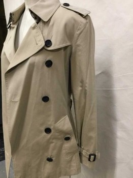 Womens, Coat, Trenchcoat, BURBERRY, Khaki Brown, Black, Gray, Red, Off White, Cotton, Solid, Plaid, 4, S, Khaki, Khaki W/red, Black, Gray, Off White Plaid Lining, Past Waist Length, Collar Attached, Double Breasted, 8 Button Front, Yoke W/1 Button, Epaulettes with 1 Button, Long Sleeves W/belt & Buckle, Self Detached  BELT W/brown Rectangle Buckle, 2 Side Pockets, Flap Back W/1 Button