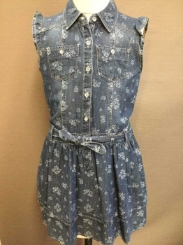 Childrens, Dress, LEVI'S, Blue, Lt Blue, Cotton, Floral, 10/12, Sleeveless, Ruffle at Shoulders, Button Front, Collar Attached, 2 Pockets, Self Belt,