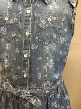 Childrens, Dress, LEVI'S, Blue, Lt Blue, Cotton, Floral, 10/12, Sleeveless, Ruffle at Shoulders, Button Front, Collar Attached, 2 Pockets, Self Belt,