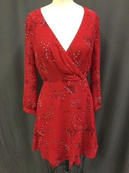 MADEWELL, Red, Black, White, Polyester, Floral, Surplice, Long Sleeves with Button Cuffs, Faux Wrap Skirt, Back Zipper,