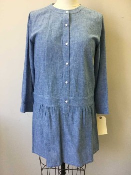 SOFT JOIE, Blue, Cotton, Solid, Round Neck,  Button Front, Pullover, Long Sleeves with Button Cuffs, Drop Waist, Sparsely Gathered Skirt, Above Knee