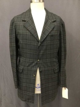 Mens, Historical Fiction Jacket, NL, Dk Gray, Dk Brown, Lt Gray, Wool, Plaid, 42, Wool Flannel, 3 Buttons,  Single Breasted, Notched Lapel, Aged/Distressed With Manufactured Tears
